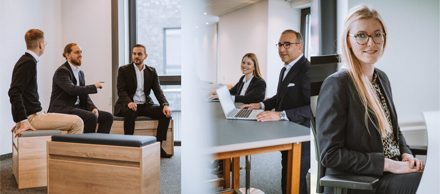 Mitarbeiter sitzen in einer runde zusammen. Freundliche und lachende Gesichter